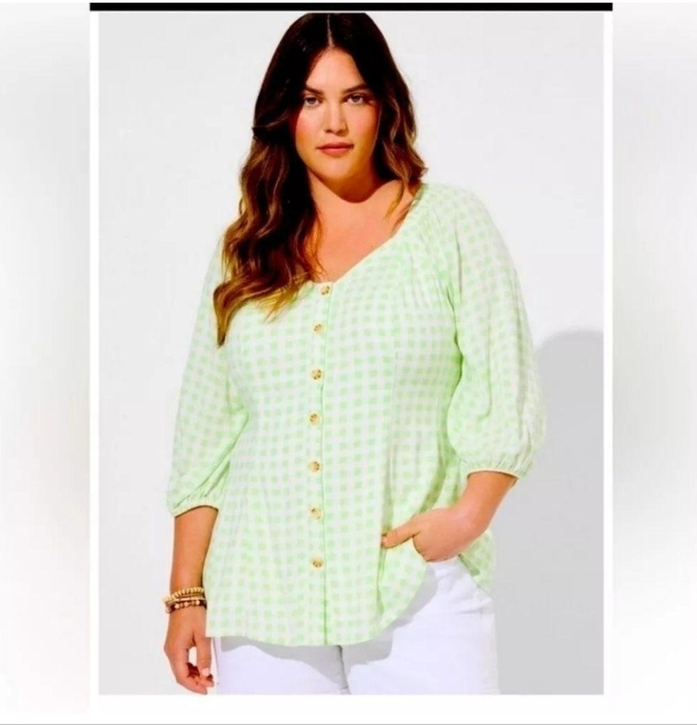 NWOT Torrid Fit and Flare Rayon Slub Button Up 3/4 Sleeve Green Gingham 3X